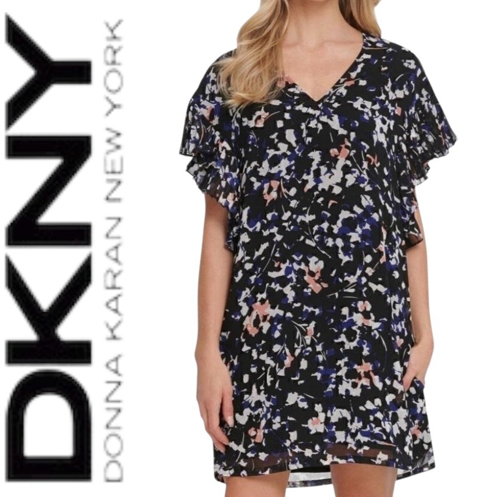 DKNY Flutter Sleeve V Neck Print Mini Dress